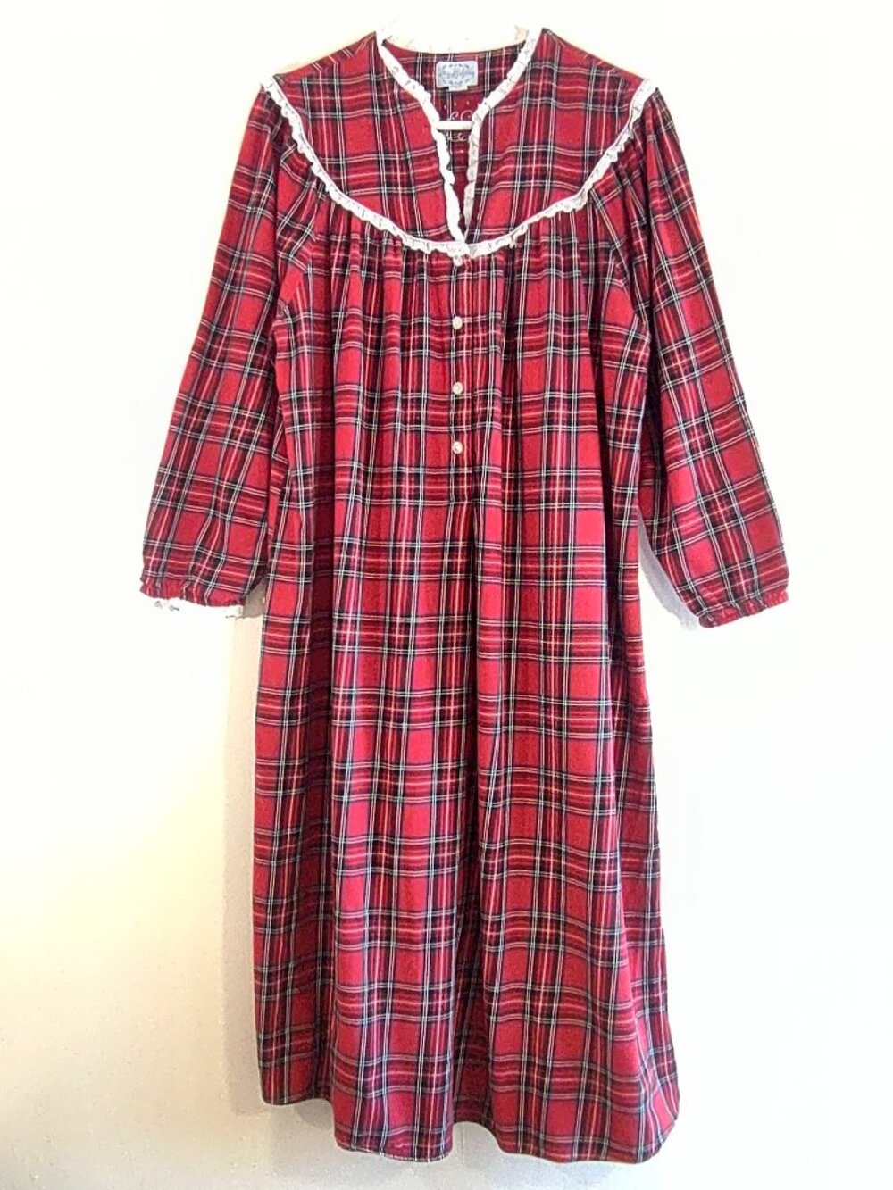 Lanz of Salzburg Red Tartan Plaid Nightgown Size Medium Flannel Vintage Inspired